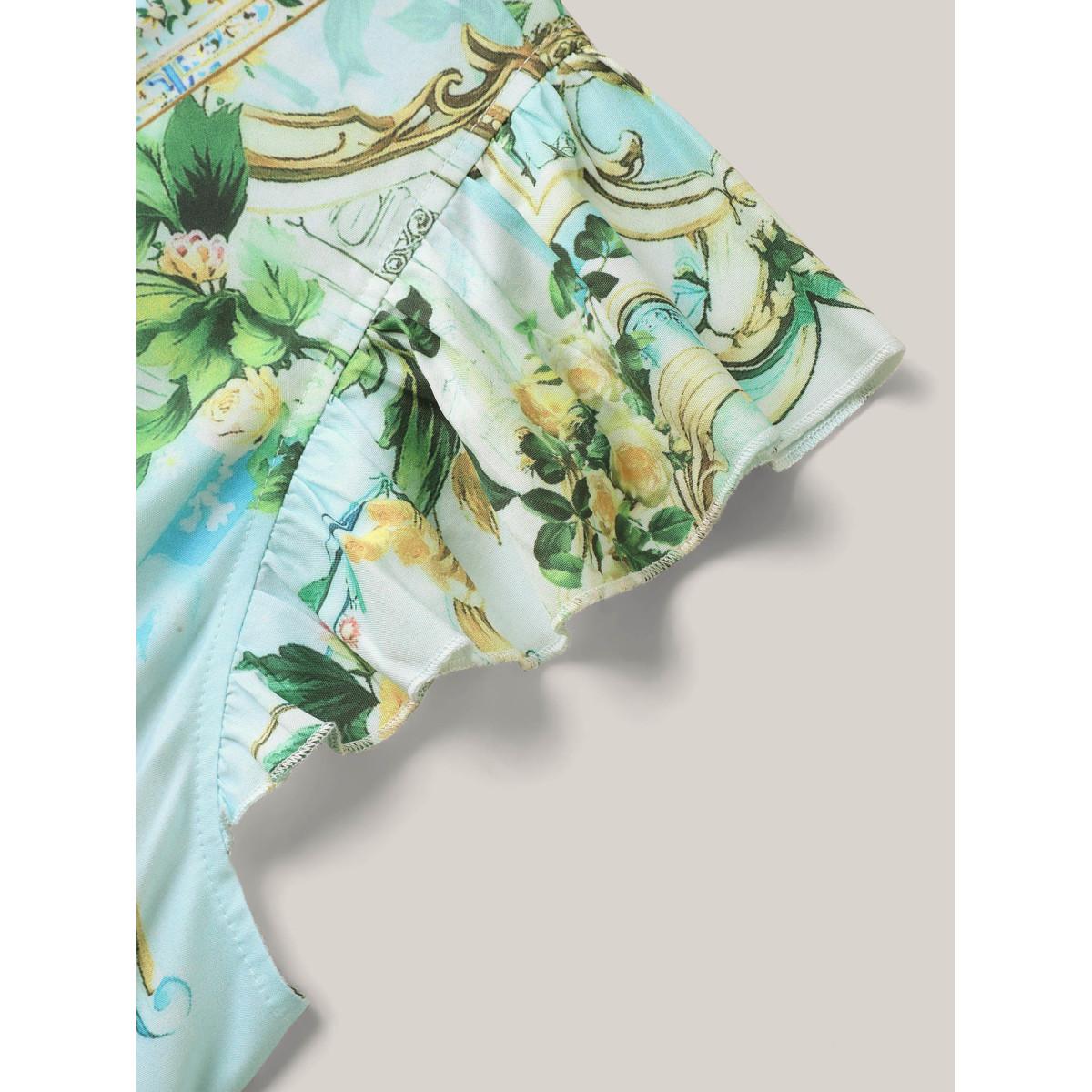 Plus Size Breezy Print Surplice Neck Ruffled Midi Dress Malachitegreen Women Overlap Collar Cap Sleeve Curvy BloomChic 18-20/2X Product Image