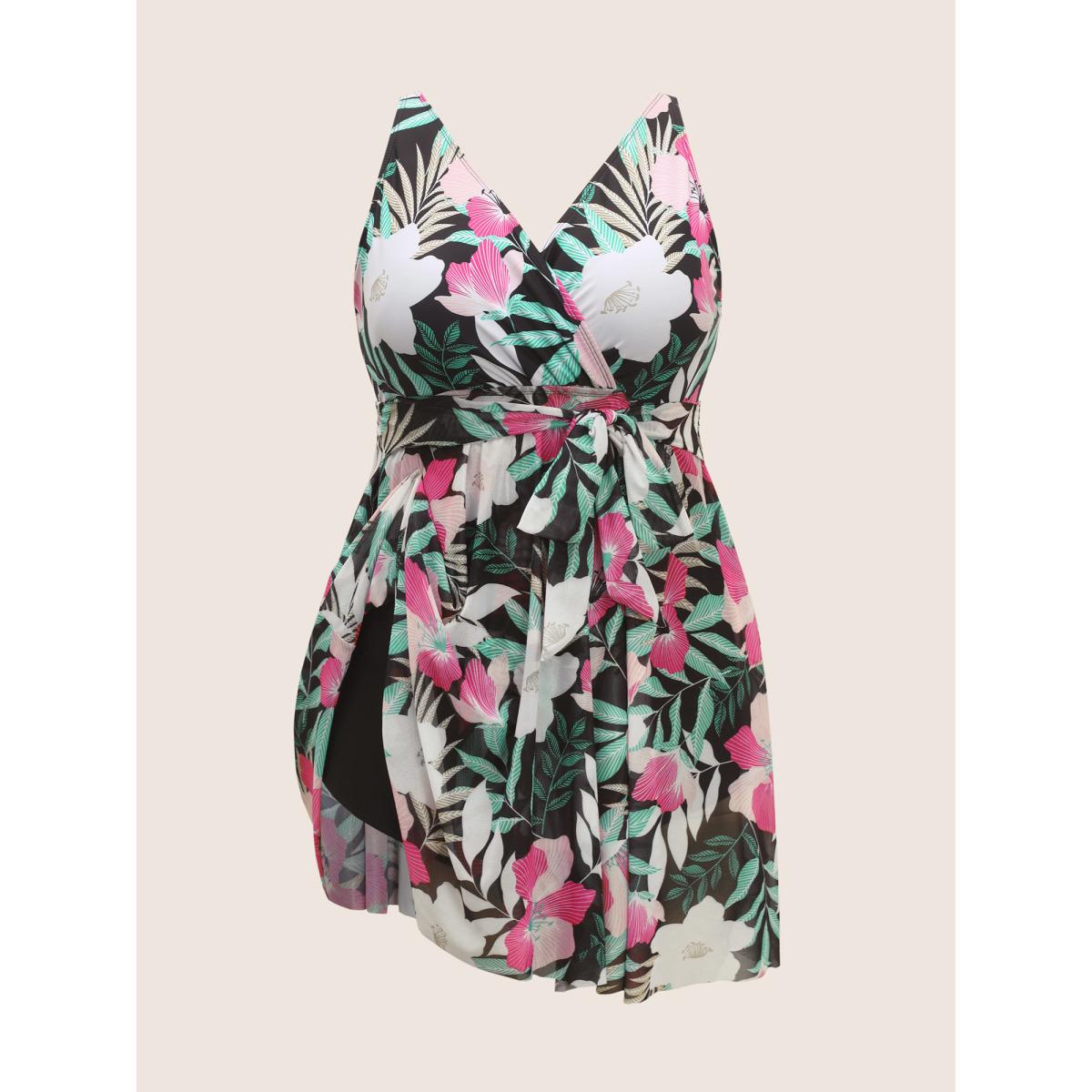 Plus Size Overlap Collar Floral Mesh Patchwork Swim Dress Women's Swimwear Black Beach Bodycon Overlap Collar High stretch Curve Swim Dresses BloomChic 22-24/3X Product Image