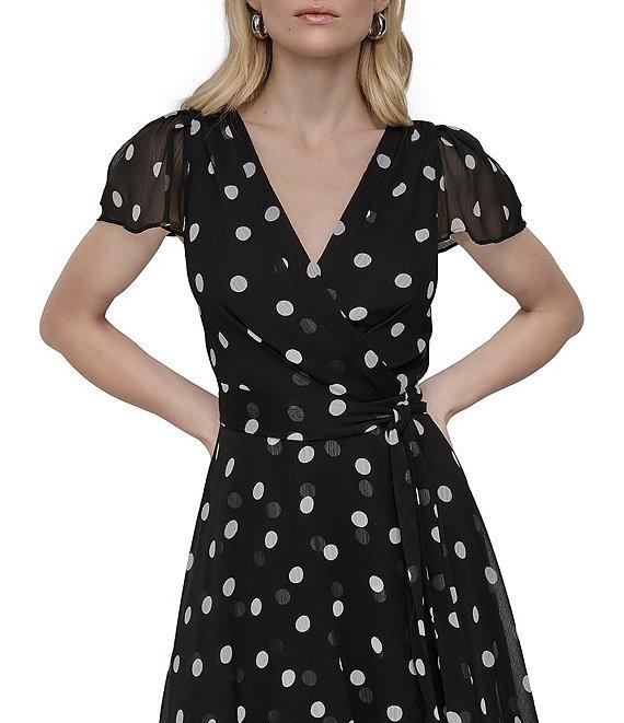DKNY by Donna Karan Chiffon Dotted Print V Neck Short Flutter Sleeve Belted Wrap Midi Dress Product Image