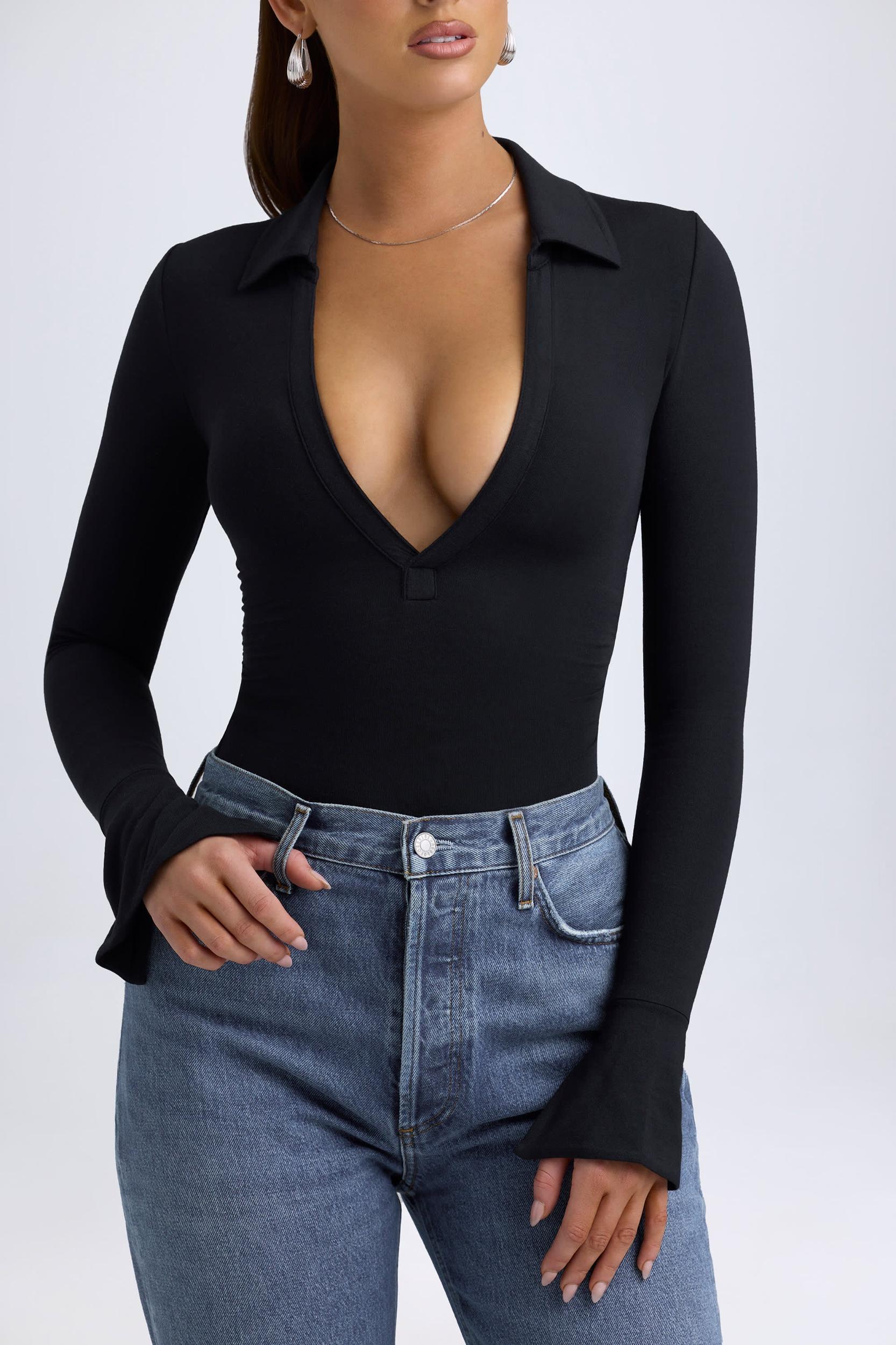 Modal Plunge V-Neck Bodysuit in Black Product Image