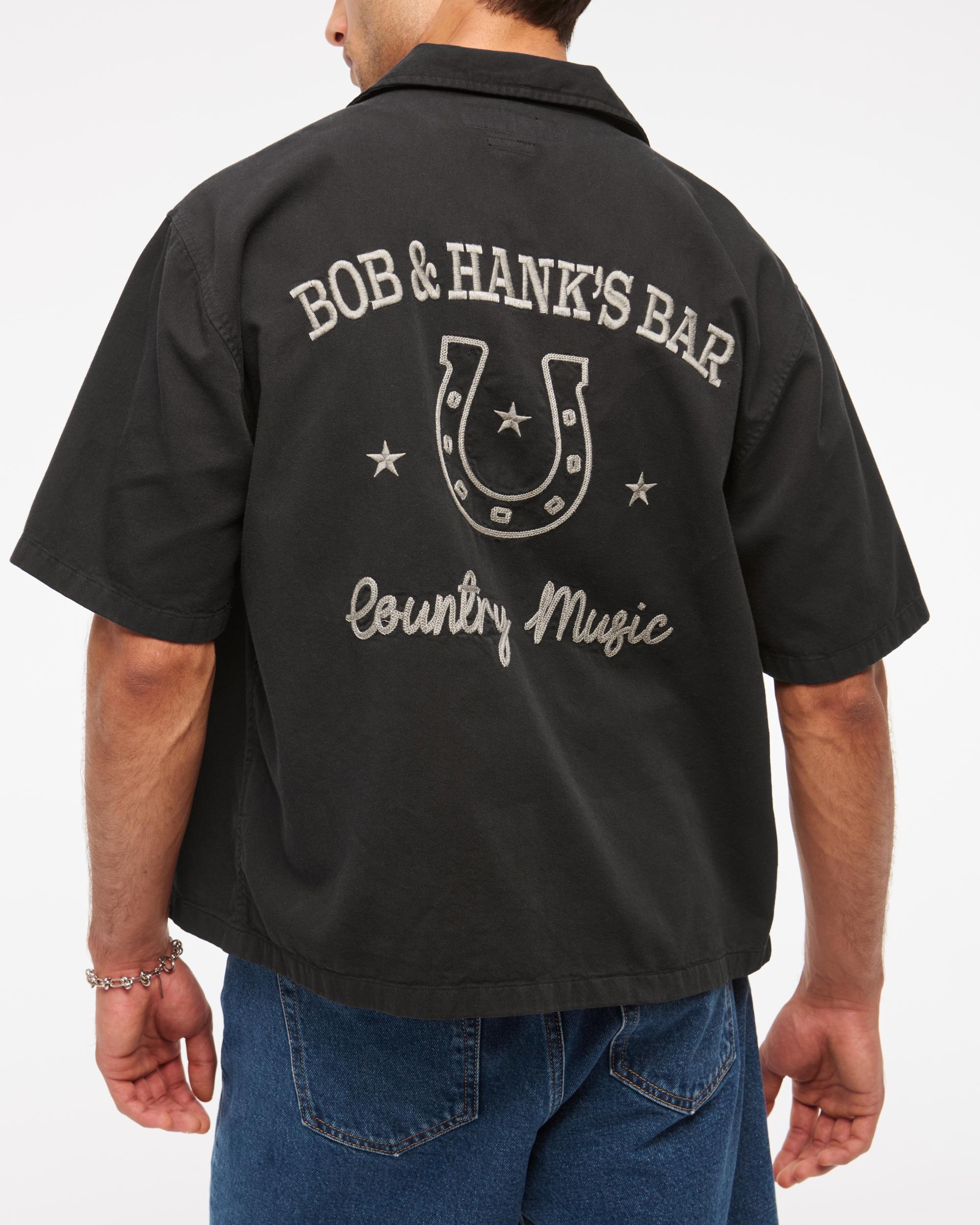 Short-Sleeve Cropped Western Graphic Button-Up Shirt Product Image