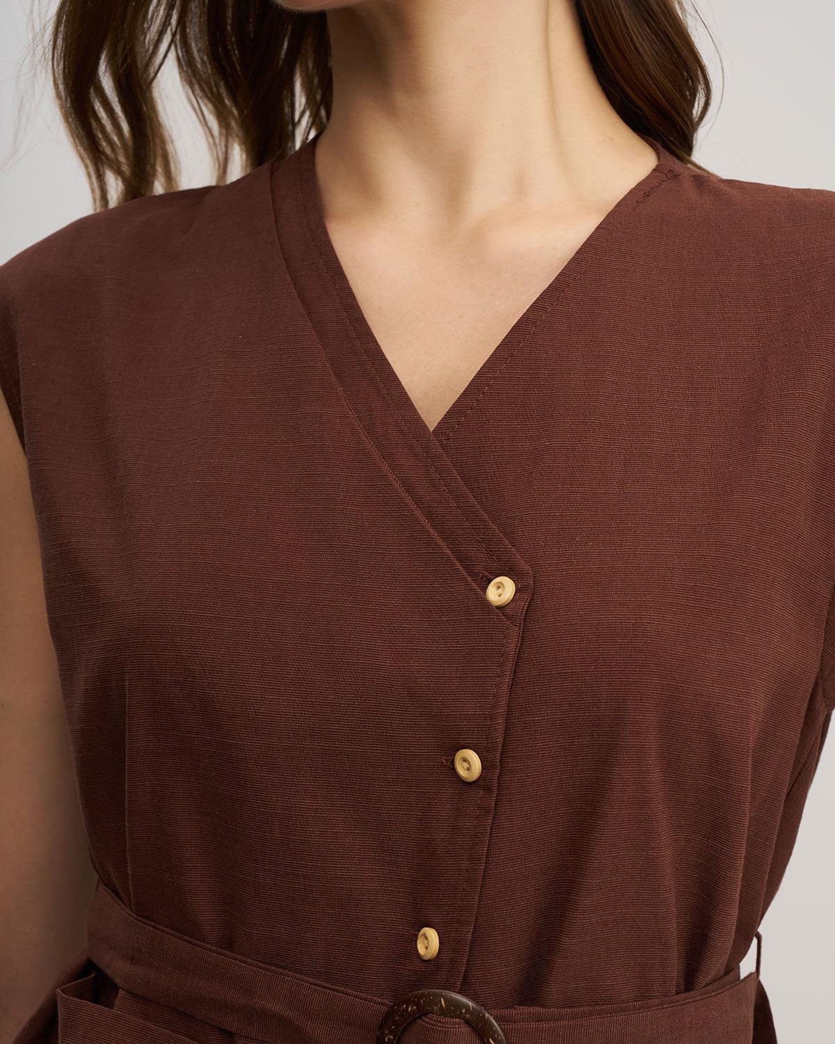Coffee V Neck Belted Tank Top Product Image