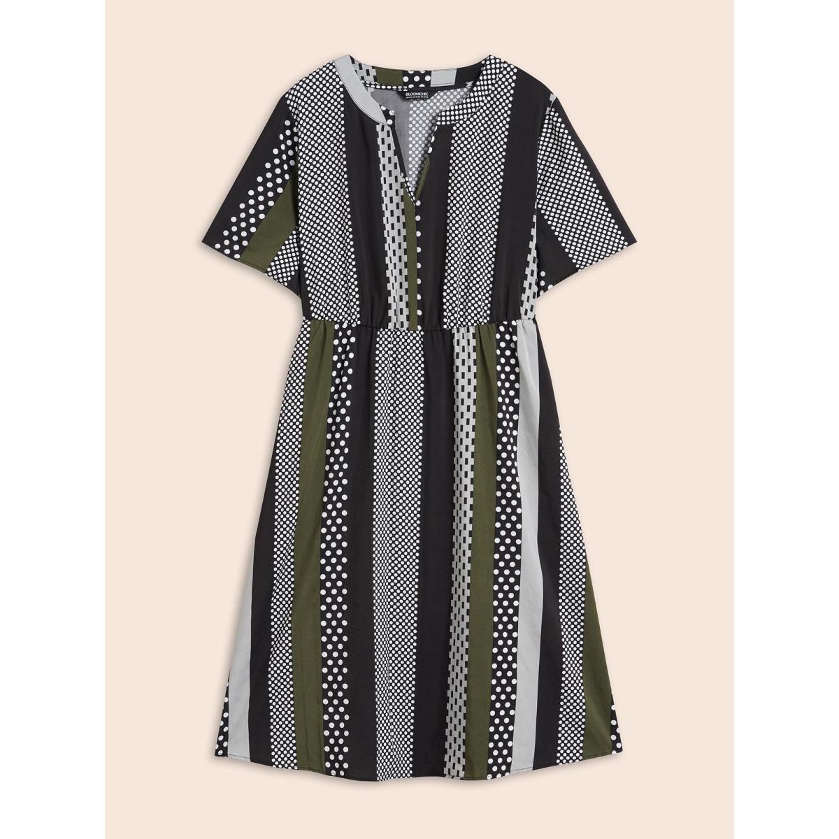 Plus Size Notched Geometric Patchwork Contrast Midi Dress ArmyGreen Women At the Office Non Flat collar with V-notch Short sleeve Curvy BloomChic 26/4X Product Image