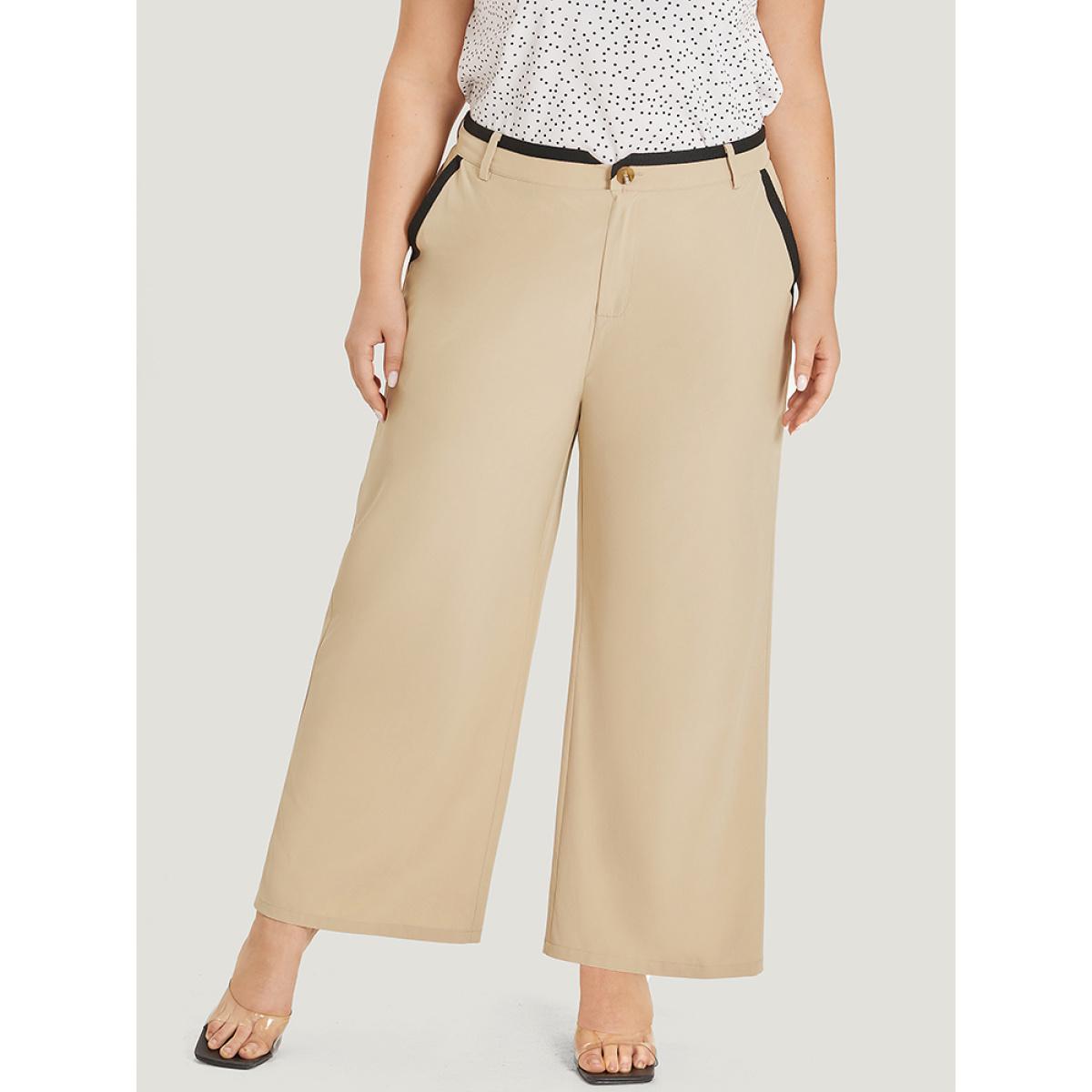 Plus Size Two Tone Pocket Patchwork High Rise Pants Women Ivory Elegant Straight Leg High Rise Dailywear Pants BloomChic 26/4X Product Image