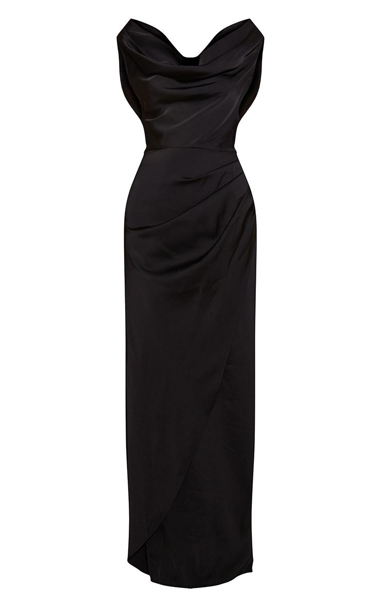 Black Satin Cowl Neck Draped Maxi Dress Product Image