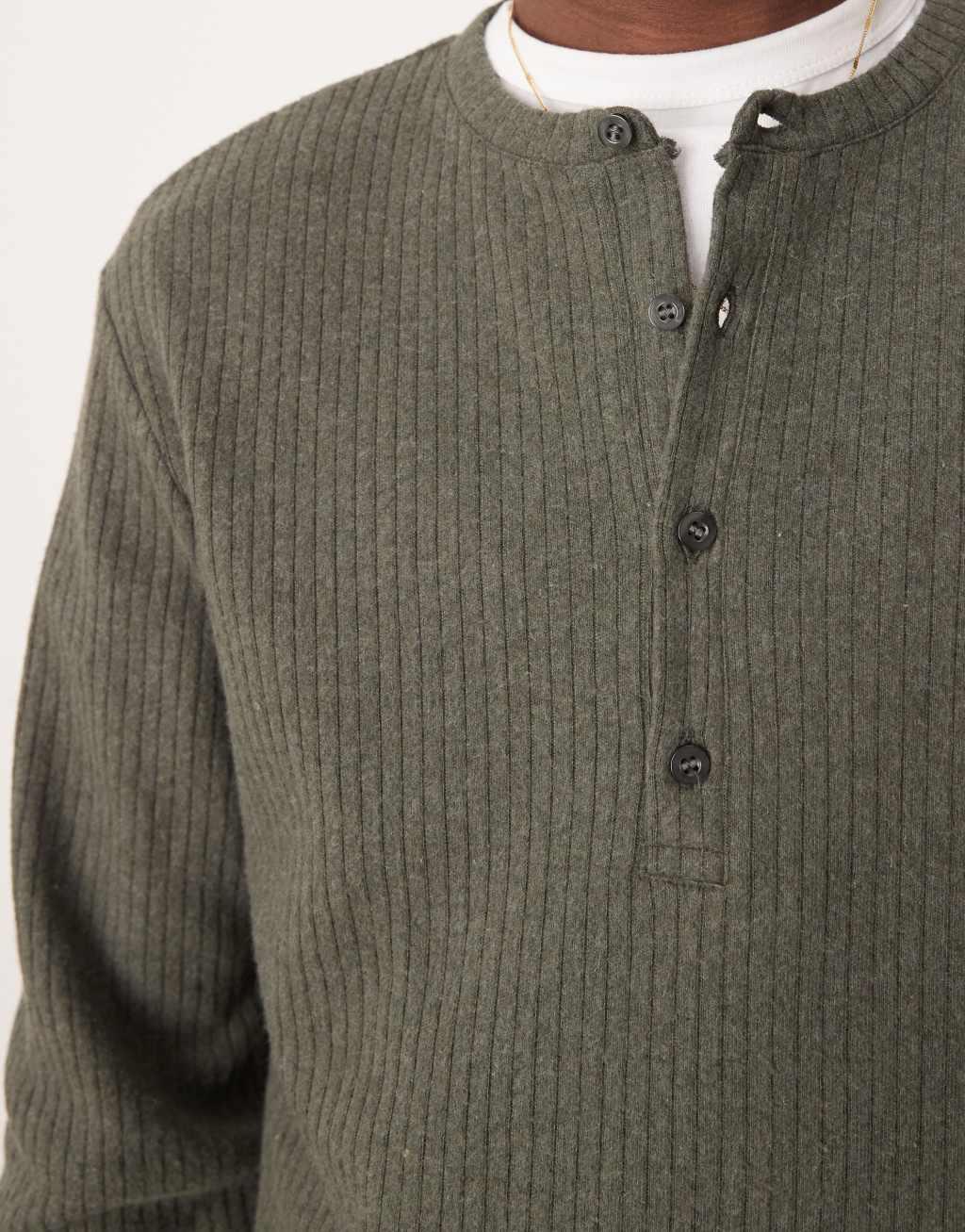 ASOS DESIGN muscle fit boxy brushed rib sweatshirt with henley neck in khaki Product Image