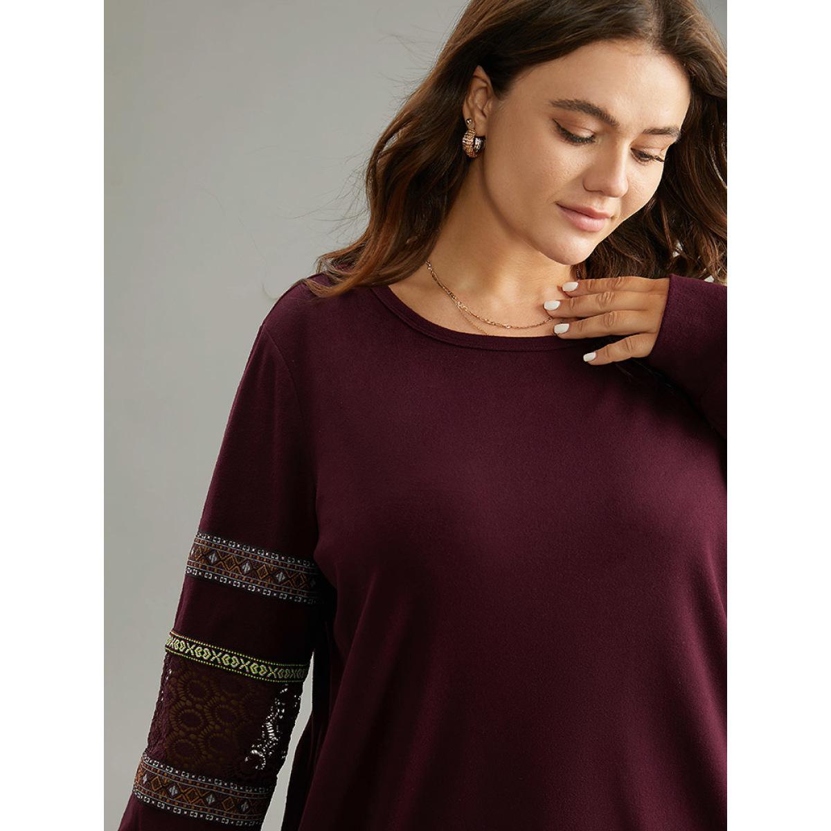Plus Size Bandana Print Lace Insert Crew Neck Sweatshirt Women Burgundy Elegant Patchwork Round Neck Dailywear Sweatshirts BloomChic 26/4X Product Image