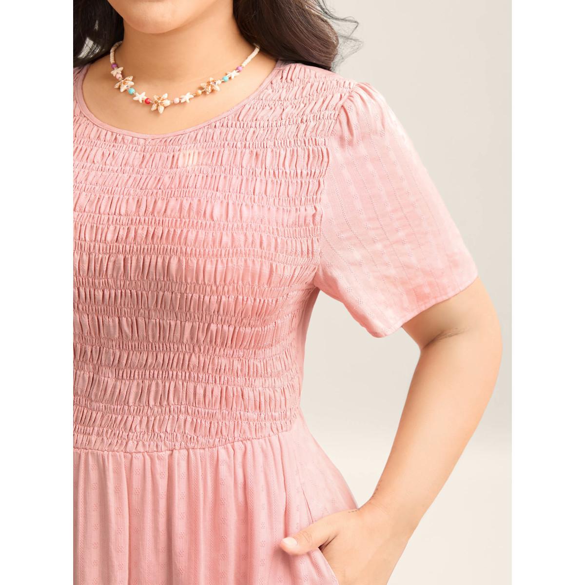 Plus Size Cotton Textured Shirred Bodice Pleated Midi Dress Crepe Women Resort Round Neck Sleeveless Curvy BloomChic 18-20/2X Product Image