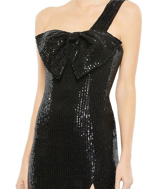 Mac Duggal One Shoulder Strap Sequined Bow Front Sheath Midi Dress Product Image