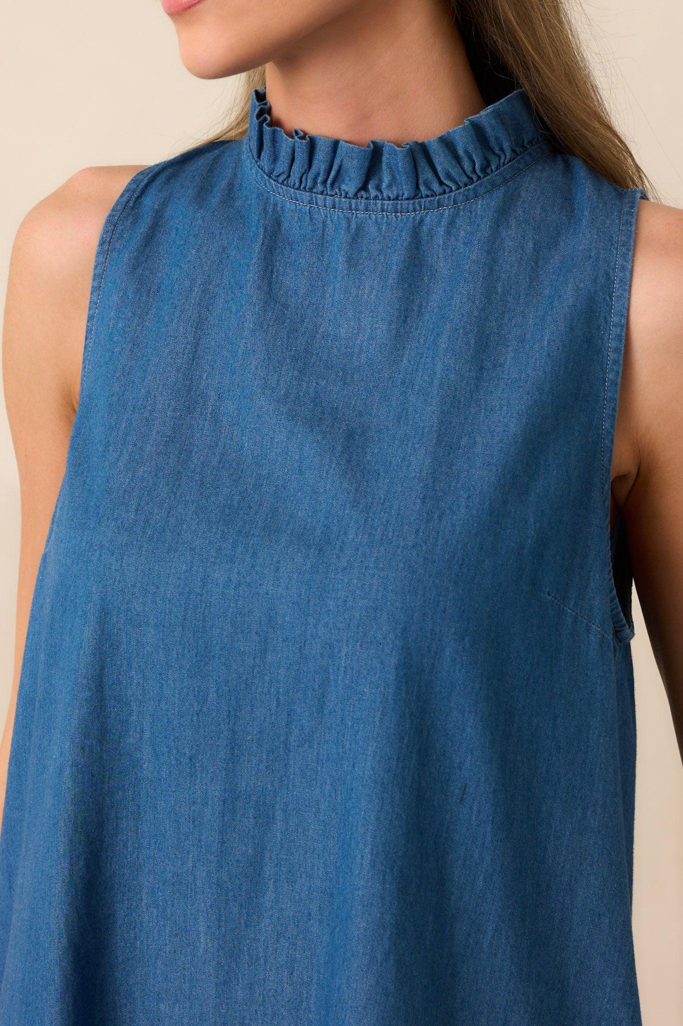 Simple Life Dark Wash Chambray Cotton Mini Dress Product Image