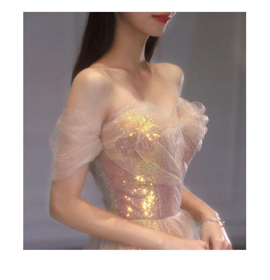 Short-Sleeve Off Shoulder Iridescent A-Line Evening Gown Product Image