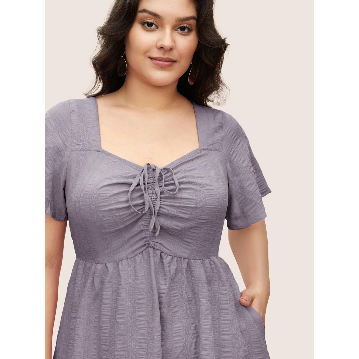 Plus Size Plain Ruched Drawstring Pocket Ruffle Tiered Dress Lilac Women Timeless Non V-neck Short sleeve Curvy Midi Dress BloomChic 22-24/3X Product Image