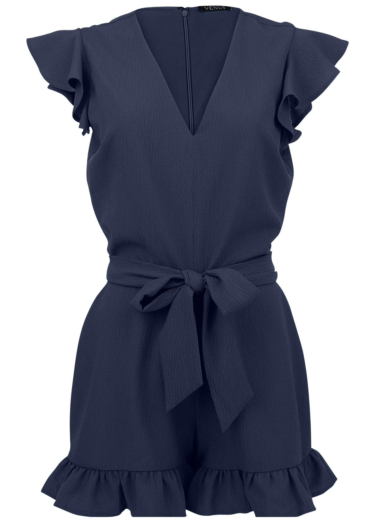 Fluted Satin Romper - Navy Product Image