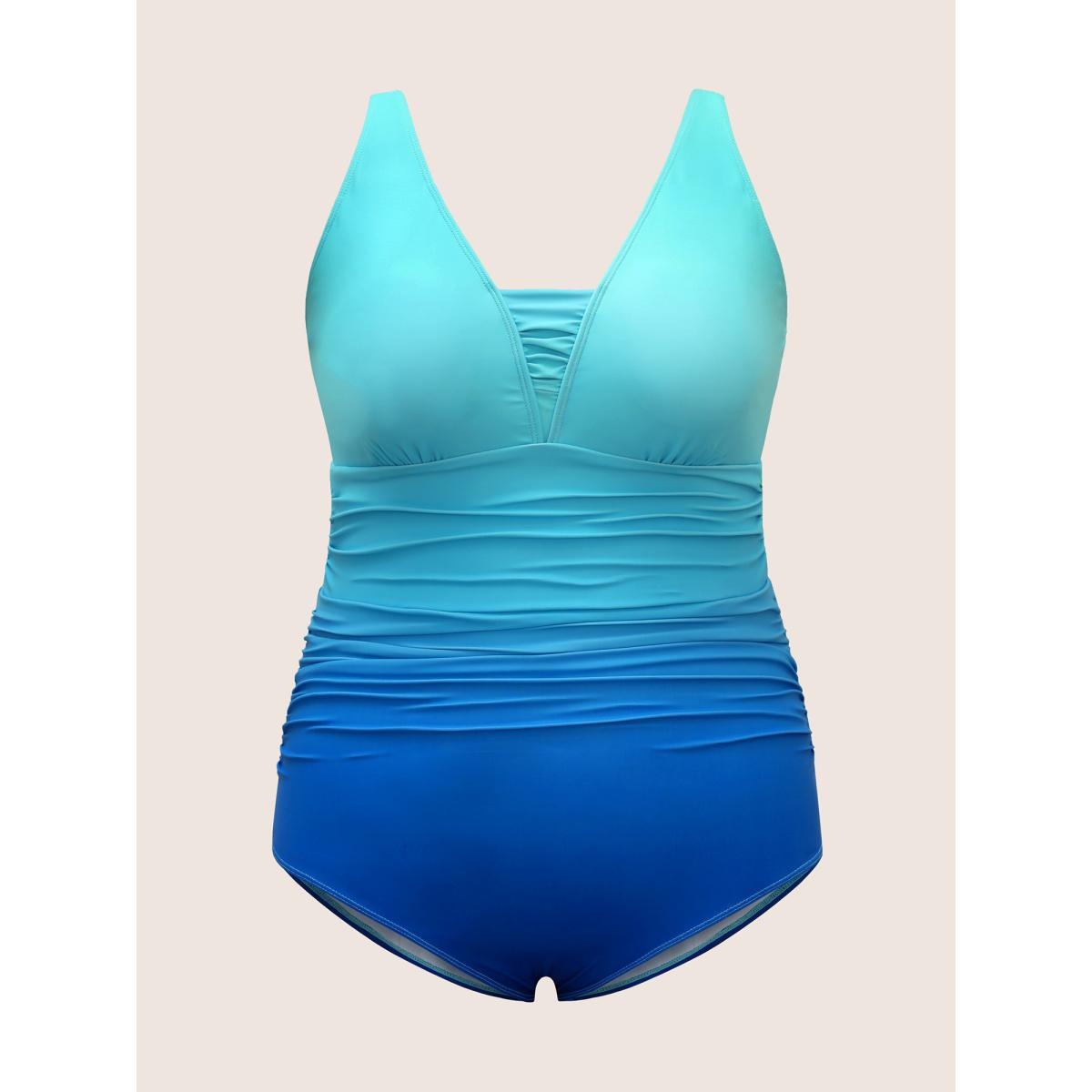 Plus Size Gradient Dyeing Heart Neckline Ruched One Piece Swimsuit Women's Swimwear Arctic Beach Gathered Curve Bathing Suits High stretch One Pieces BloomChic 12/L Product Image