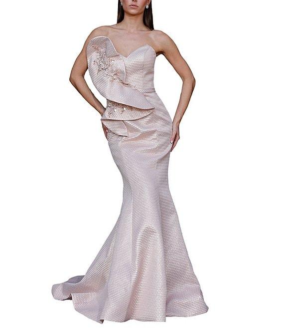 Terani Couture Sweetheart Neck 3D Ruffle Metallic Jacquard Mermaid Dress Product Image