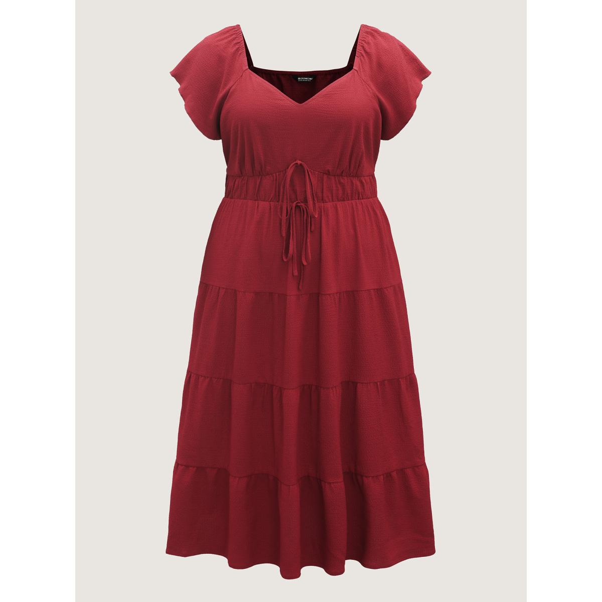 Plus Size Stretchy Waist Tiered Solid Midi Dress Burgundy Women Heart neckline Cap Sleeve Curvy BloomChic 26/4X Product Image