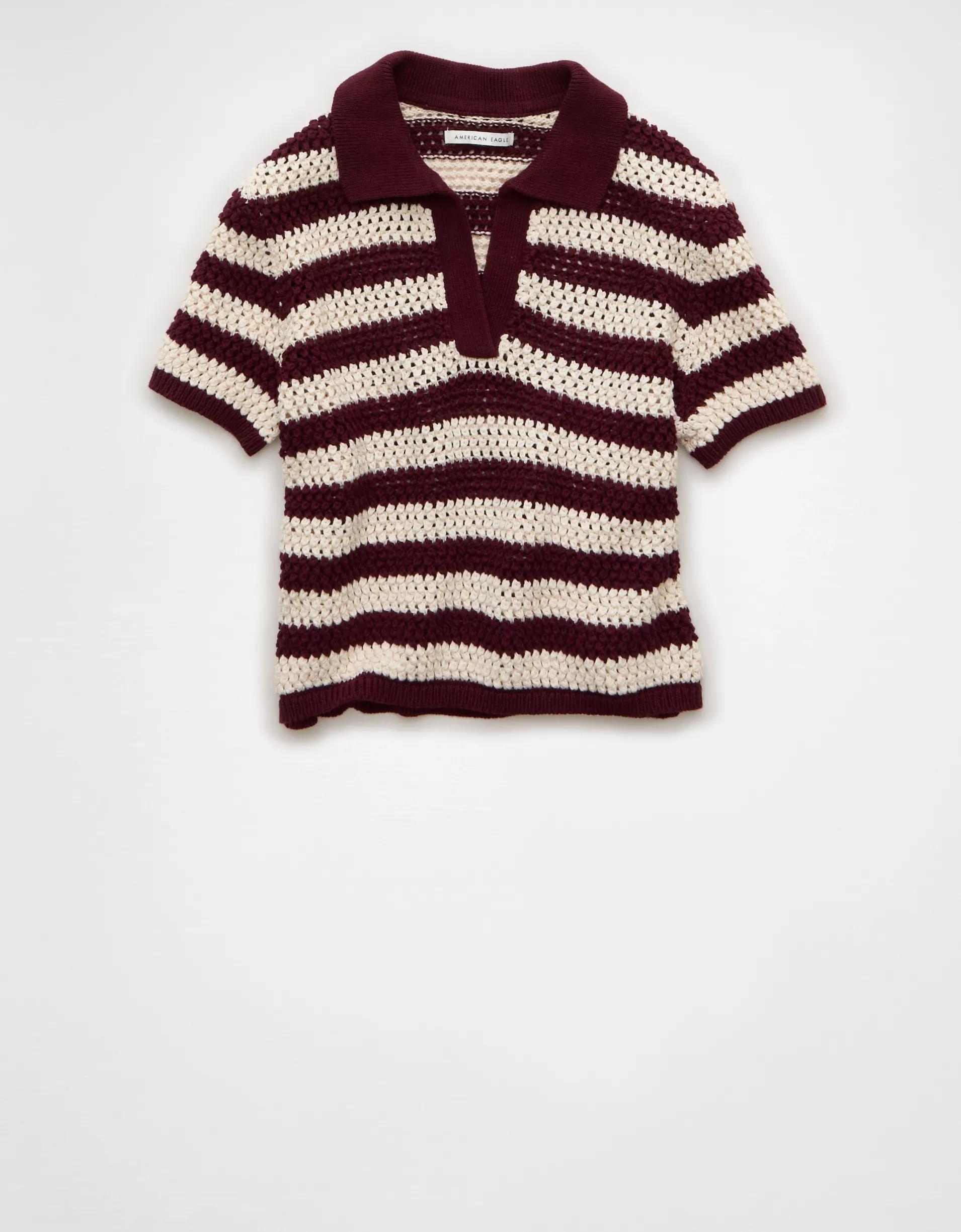 AE Cropped Crochet Sweater Polo Shirt Product Image