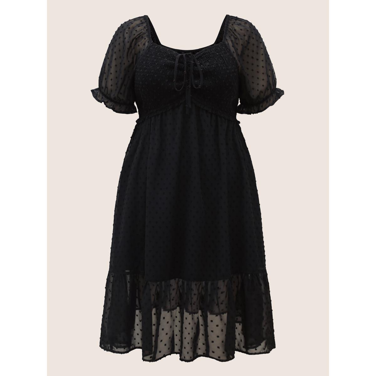 Plus Size Polka Dot Textured Mesh Shirred Drawstring Dress Black Women Romantic Texture V-neck Short sleeve Curvy BloomChic 22-24/3X Product Image