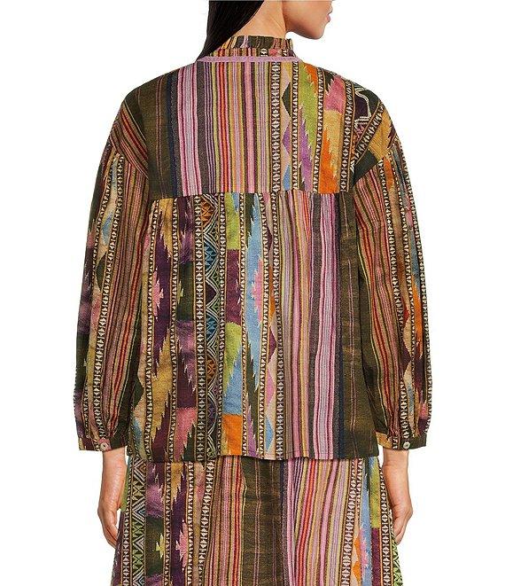 Ro's Garden Jeremy Woven Print Mock Neck Long Balloon Sleeve Button Front Coordinating Blouse Product Image