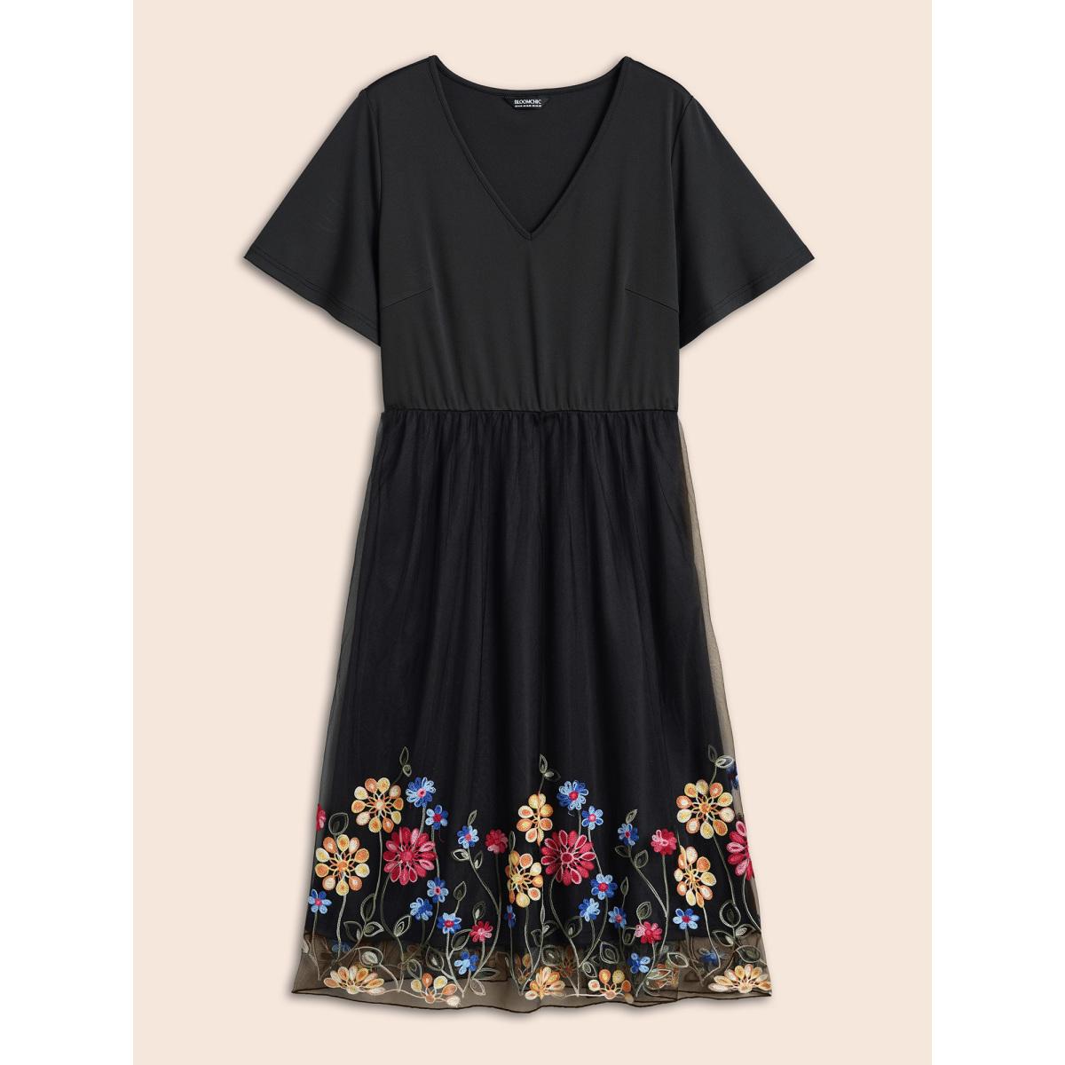 Plus Size Floral Embroidered Hem Stretchy-Waist Pockets Midi Dress BlackFlower Women Elegant See through V-neck Short sleeve Curvy BloomChic 22-24/3X Product Image