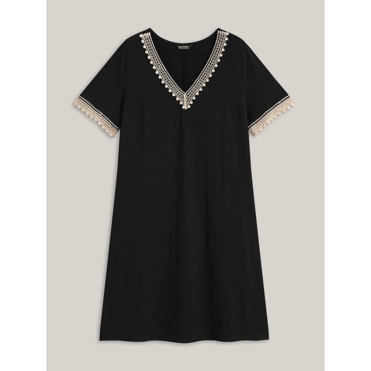 Plus Size Super Soft V-Neck Lace Midi Dress Black Women Boho Woven ribbon&lace trim Knit Dresses Bloomchic 18-20/2X Product Image