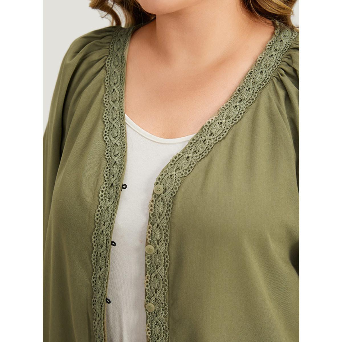 Plus Size Plain Contrast Lace Lantern Sleeve Button Fly Coat Women Sage Casual Elastic cuffs Ladies Dailywear Winter Coats BloomChic 18-20/2X Product Image