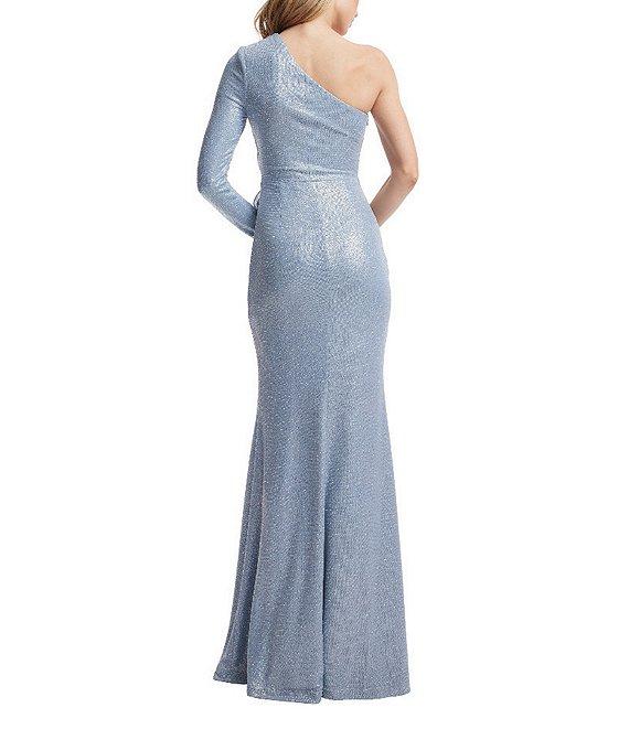 Dress the Population Summer Metallic One Shoulder Long Sleeve O-Ring Cutout Ruffle Side Slit Product Image