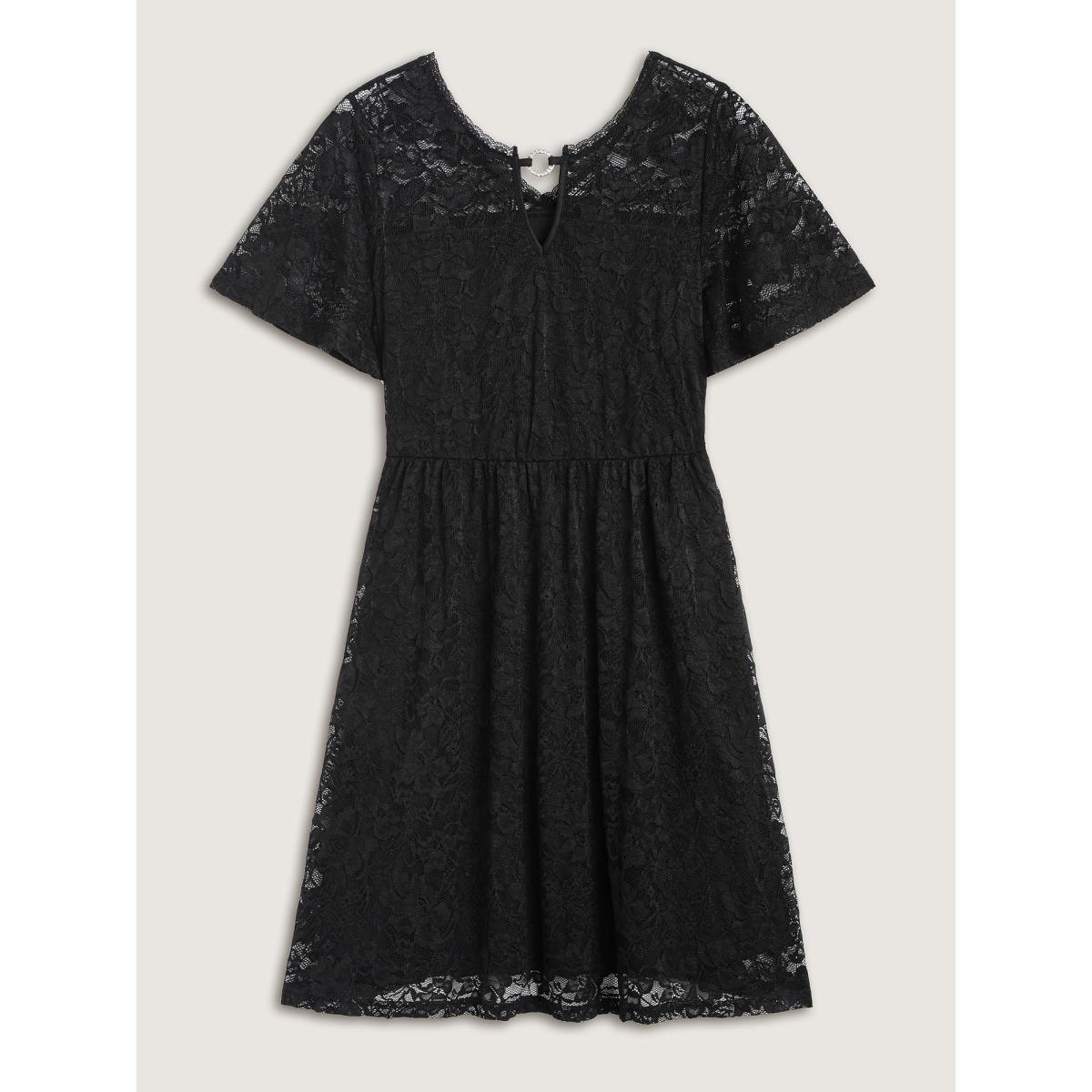 Plus Size Floral Lace Metal Detail Midi Dress Black Women Formal Round Neck Short sleeve Curvy BloomChic 22-24/3X Product Image