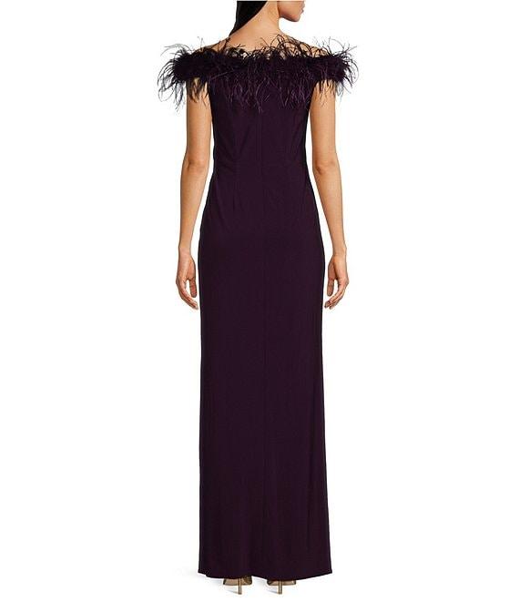 Alex Evenings Stretch Matte Jersey Feather Off-the-Shoulder Cap Sleeve Ruched Front Slit Gown Product Image