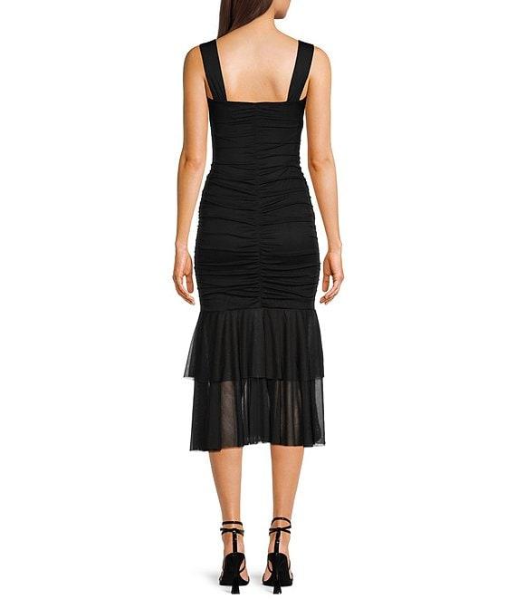 Honey and Rosie Tank Strap V-Neckline Fitted Midi Shirred Dress Product Image