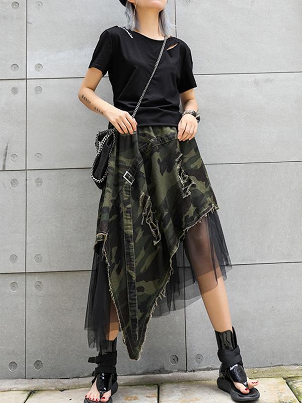 A-Line Loose Asymmetric Camouflage Elasticity Fringed Mesh Split-Joint Skirts Bottoms Product Image