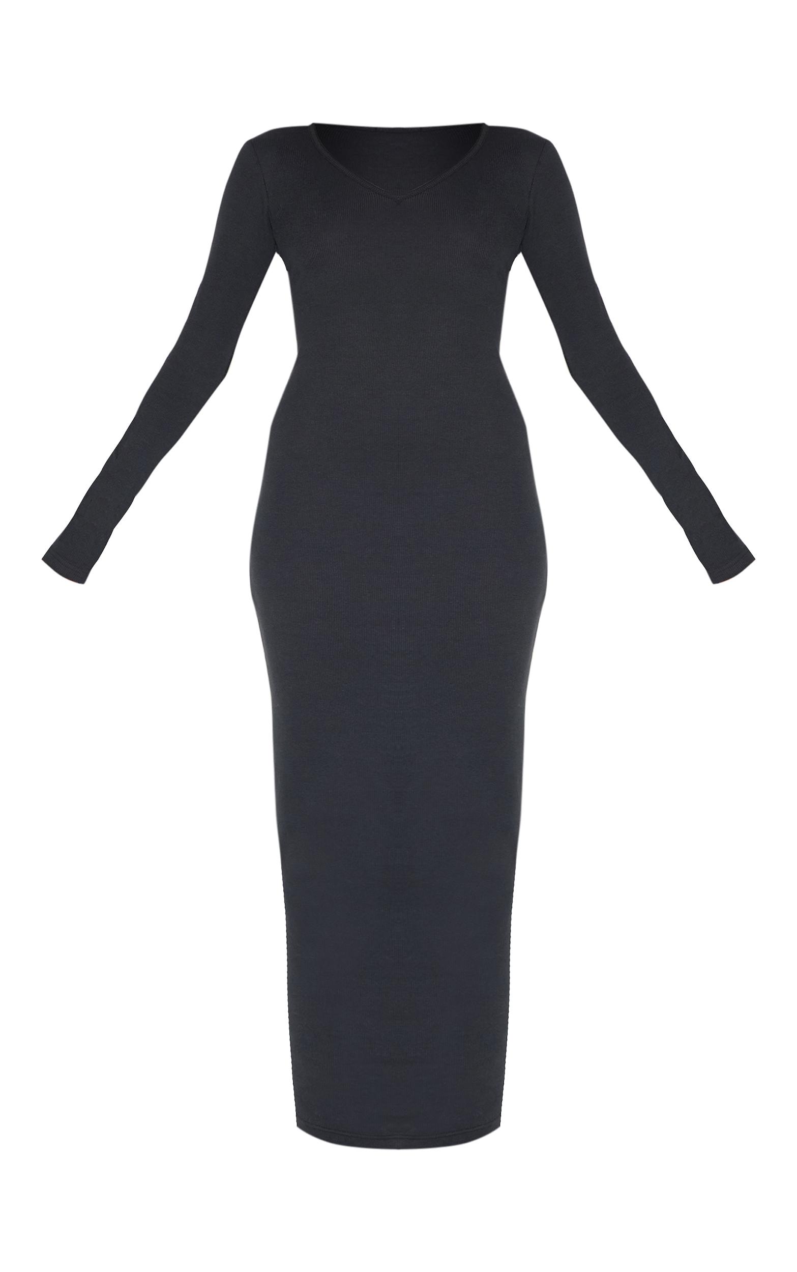 Black Ribbed V Neck Long Sleeve Maxi Dress Product Image