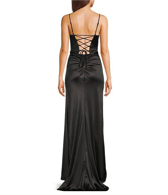 B. Darlin Satin Cowl Neck Shirred Lace-Up Back Long Dress Product Image