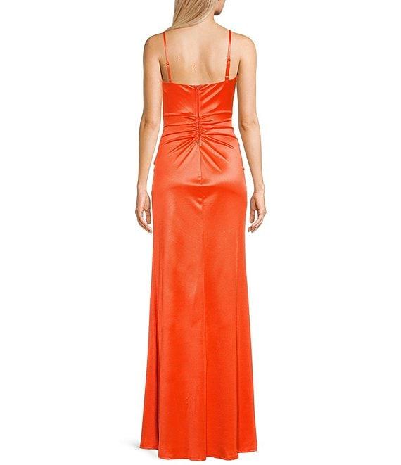 Honey and Rosie Spaghetti-Strap Square-Neck Faux-Wrap Slit Hem Stretch Satin Long Dress Product Image