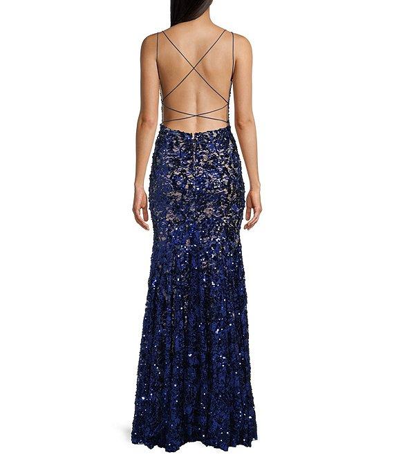 Honey and Rosie Sequins Lace Bungee Strap V-Neck Criss Cross Back Dress Product Image