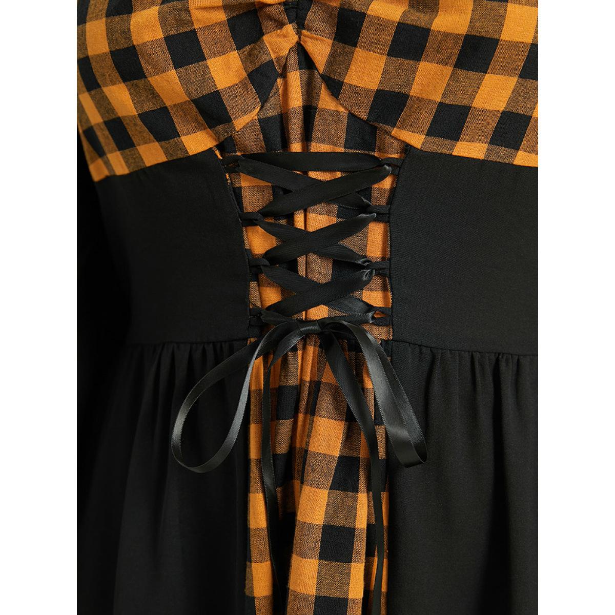 Plus Size Halloween Gingham Patchwork Ruched Ties Dress Black Women Casual Cross straps Square Neck Long Sleeve Curvy Midi Dress BloomChic 14-16/1X Product Image