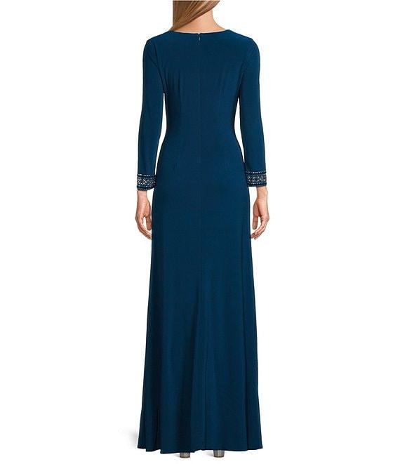 Alex Evenings Matte Jersey V-Neck 3/4 Embellished Cuff Sleeve Cascade Ruffle Detail Sheath Dress Product Image