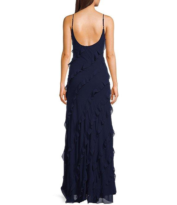 B. Darlin All Over Ruffle Trim V-Neck Spaghetti Strap Long Dress Product Image
