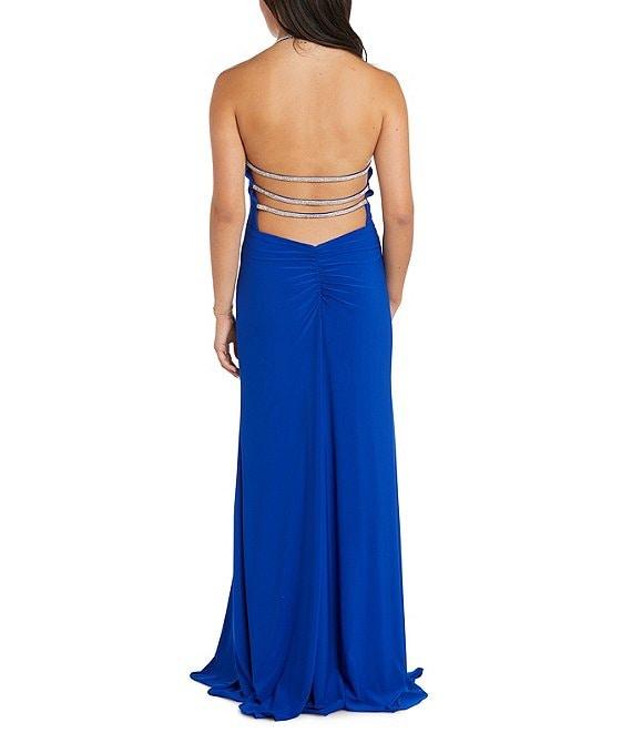 Morgan & Co. Halter Draped Neck Rhinestone Strap Side Slit Gown Product Image