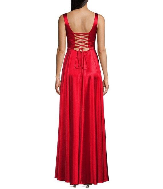 Honey and Rosie Sateen Sweetheart Neck Cut Out Front Slit Lace-Up Back A-Line Gown Product Image