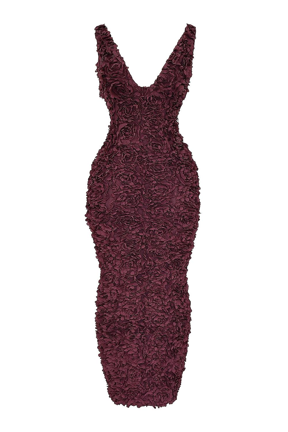 Carena  merlot plunge floral appliqué maxi dress Product Image
