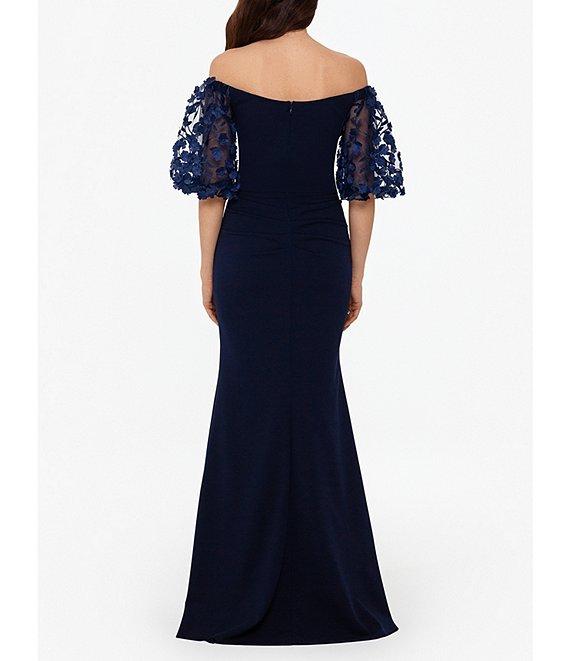 Xscape 3D Flower Applique Off-the-Shoulder Short Puffed Sleeve Scuba Crepe Sheath Gown Product Image