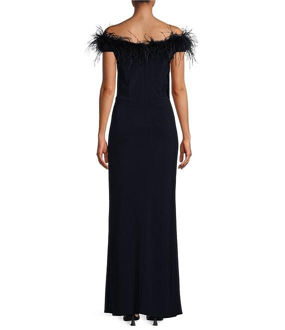 Alex Evenings Stretch Matte Jersey Feather Off-the-Shoulder Cap Sleeve Ruched Front Slit Gown Product Image