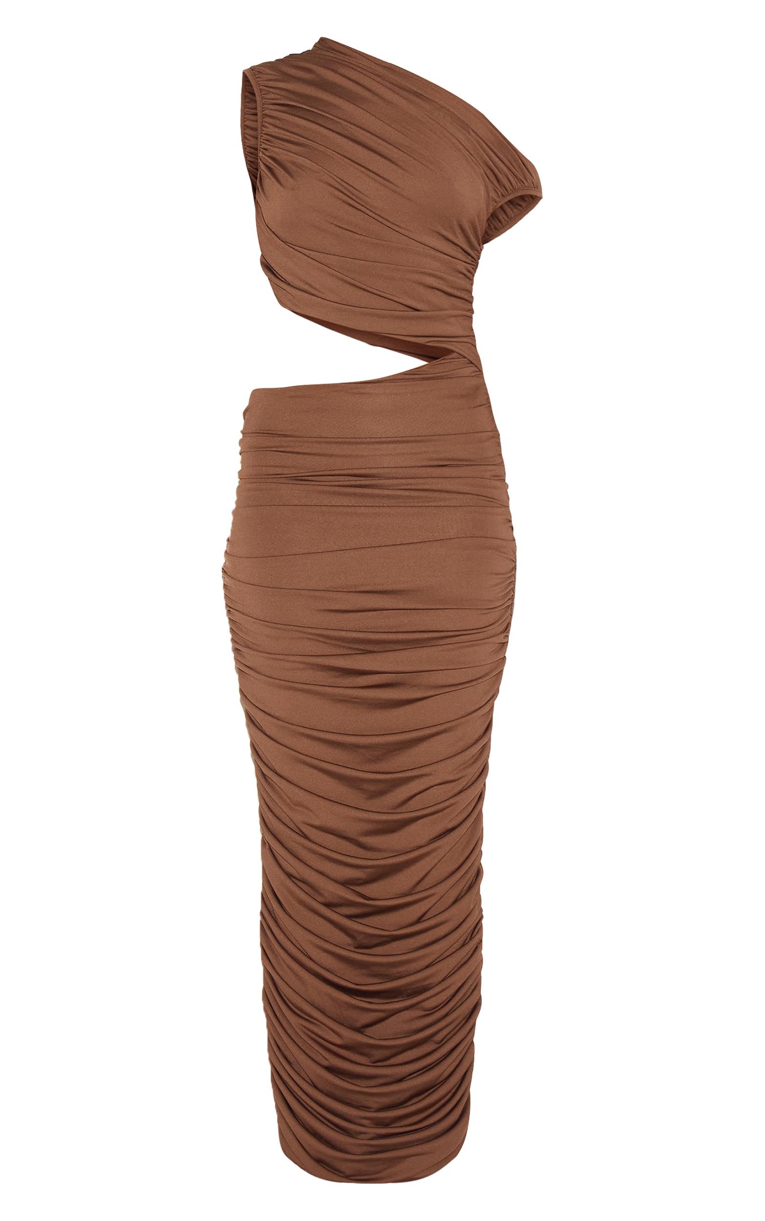 PLT Label Chocolate One Shoulder Ruched Cut Out Maxi Dress Product Image