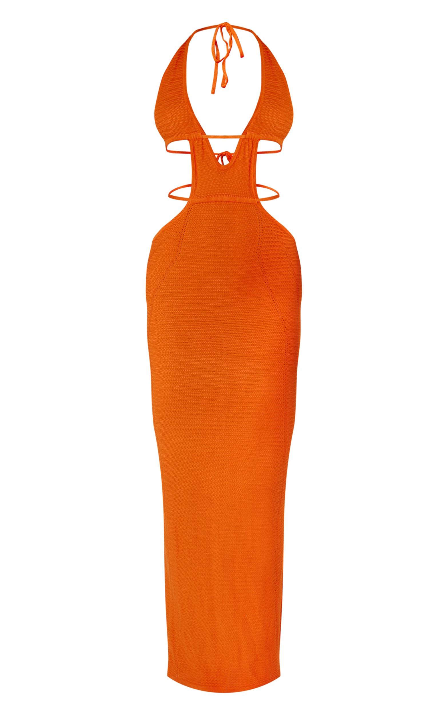 Orange Textured Sheer Knit Ruched Cut Out Halterneck Dress Product Image