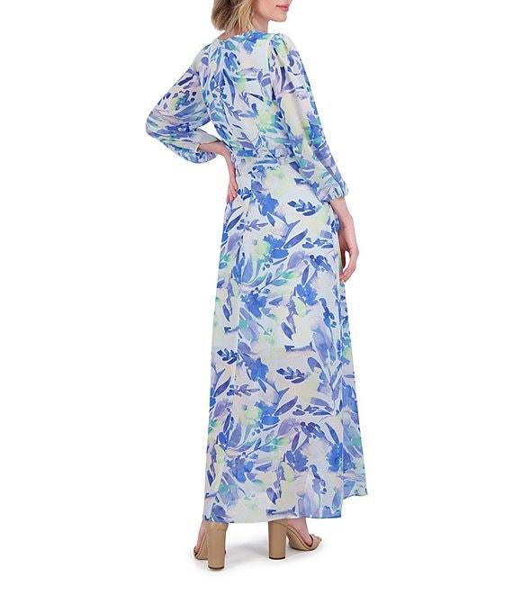 Eliza J Chiffon Floral Print V Neck Long Sleeve Waist Tie Belt A-Line Dress Product Image
