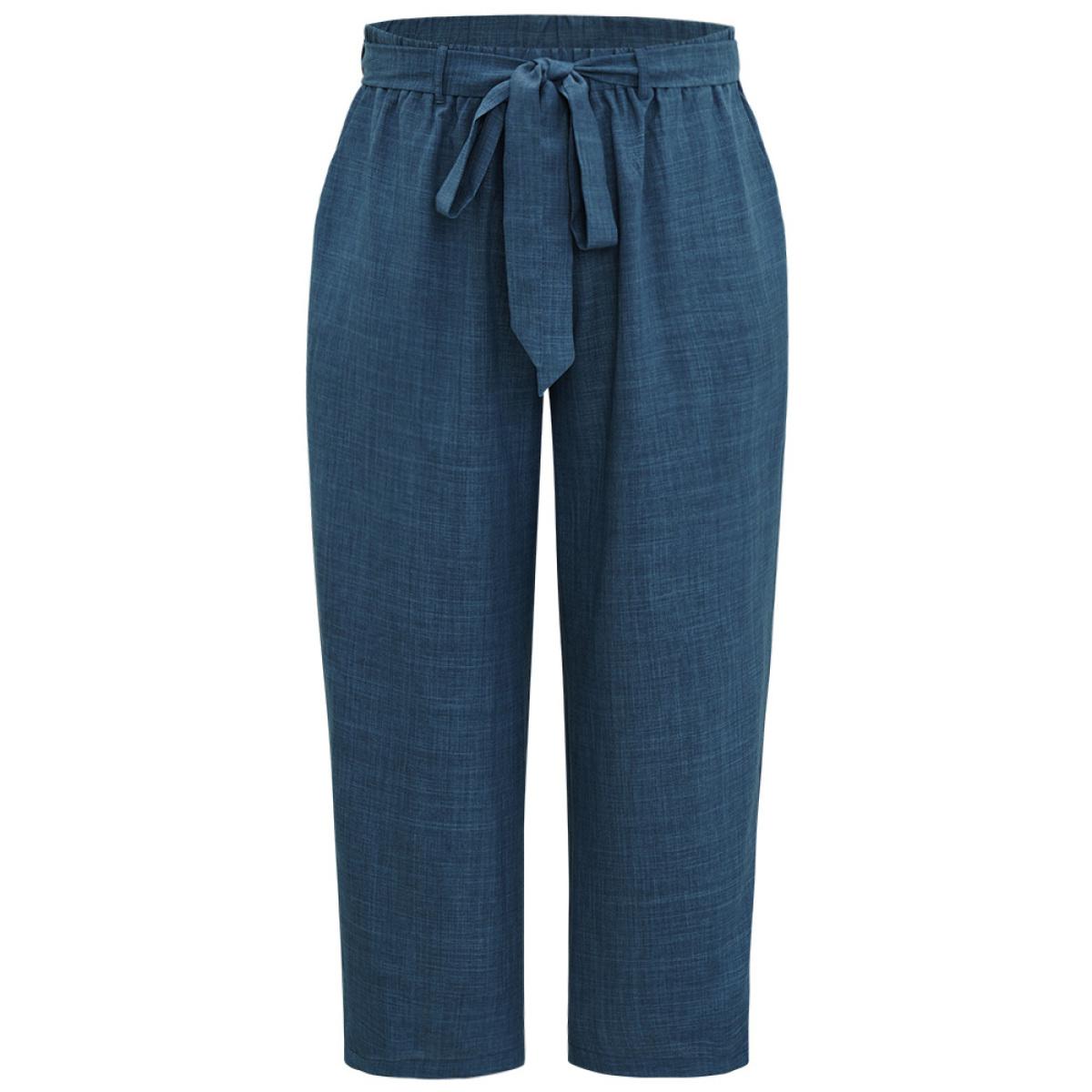 Plus Size Solid Elastic Waist Pocket Belted Pants Women Indigo Casual Straight Leg High Rise Dailywear Pants BloomChic 10/M Product Image