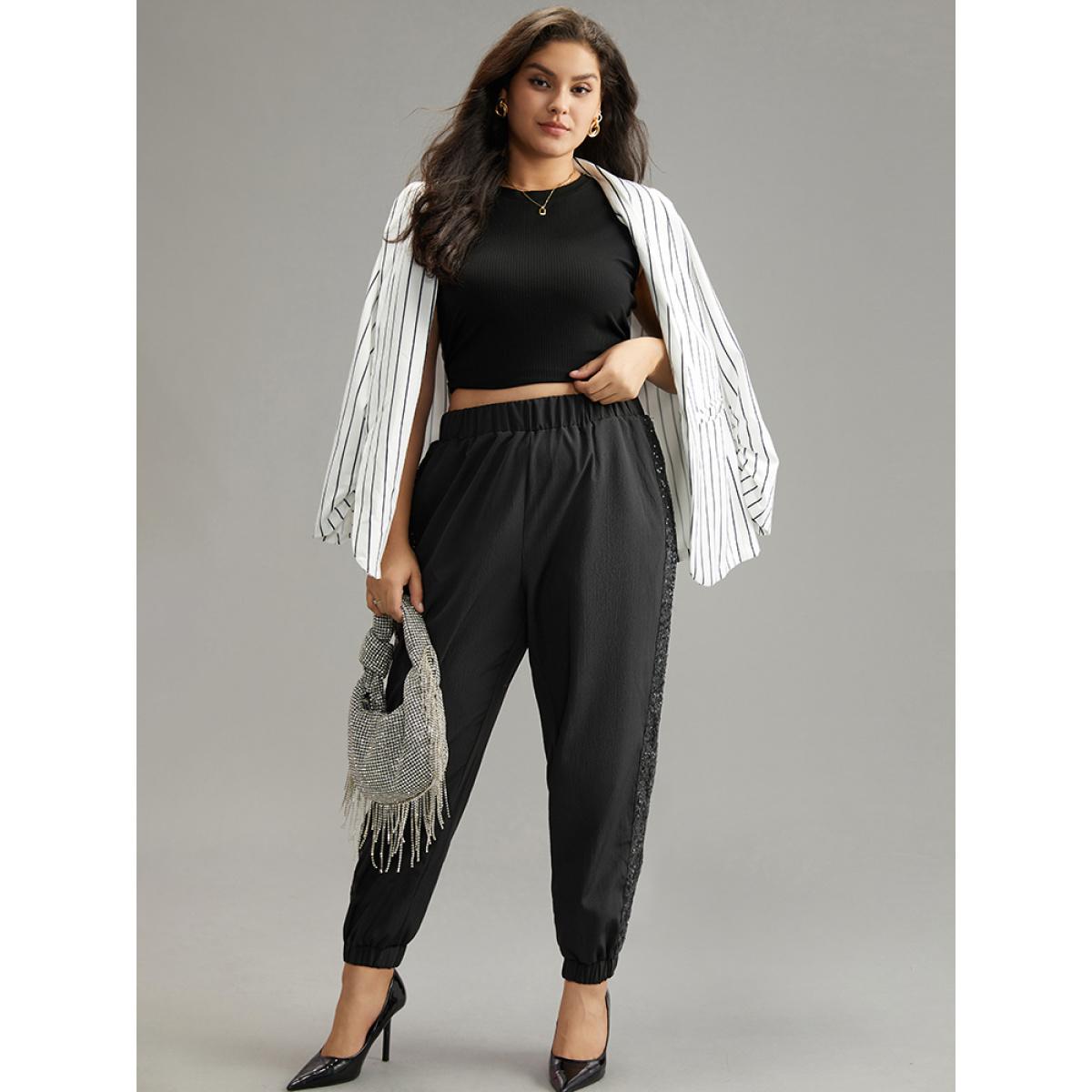 Plus Size Solid Sequin Patchwork Pocket Pants Women Black Glamour Harem High Rise Going out Pants BloomChic 12/L Product Image