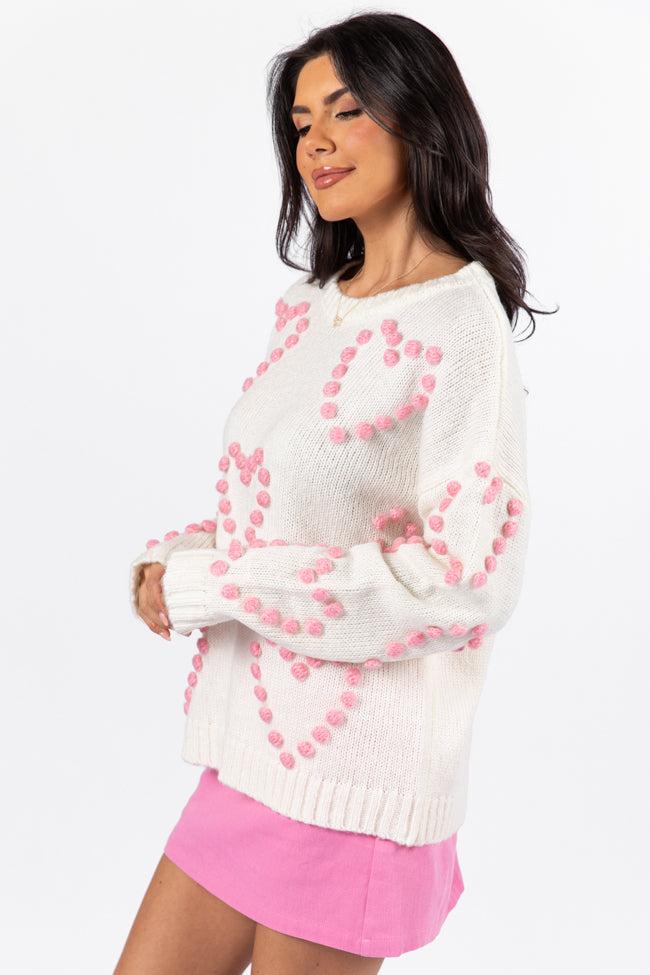 Adore You Ivory and Pink Oversized Heart Pom Sweater FINAL SALE Product Image