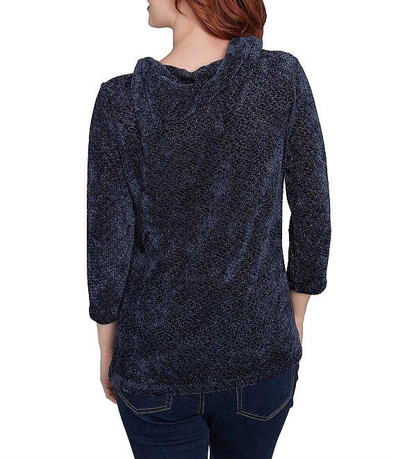 Ruby Rd. Sequin Chenille Knit Cowl Asymmetrical Neck 3/4 Sleeve Sweater Product Image